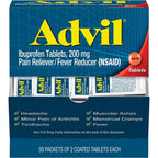 Advil Ibuprofen Tablets 200 mg front view of 50 packet box