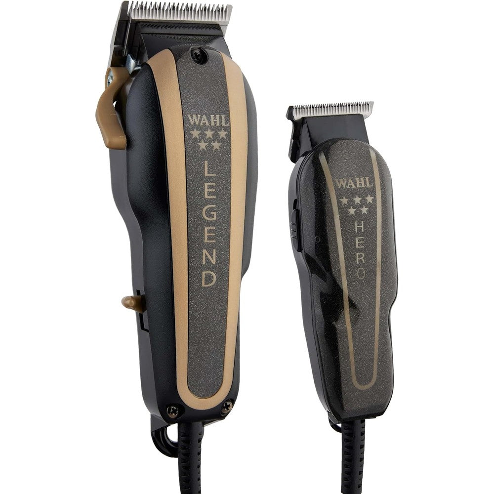 Wahl Professional 5-Star Barber Combo front view showcasing the black and gold Legend clipper and Hero trimmer