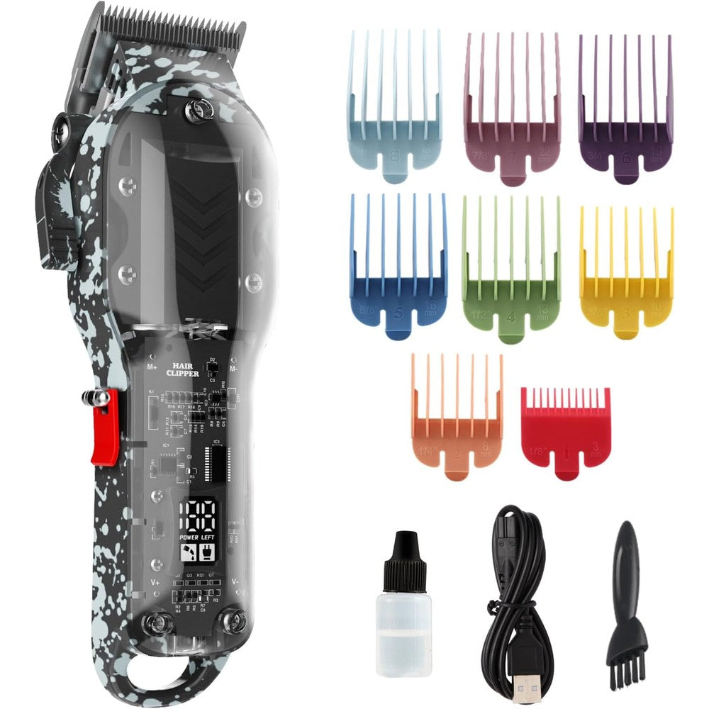 Tuanchuanrp professional cordless hair clippers front view displaying transparent casing design