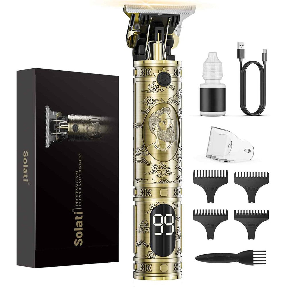 Solati Cordless Professional Hair Clippers front view showcasing gold metal design and LCD display screen.