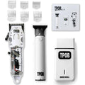 TPOB Slime 2 Professional Hair Clippers White Pack front view showcasing the clear see-through body and carbon blade.