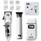 TPOB Slime 2 Professional Hair Clippers White Pack front view showcasing the clear see-through body and carbon blade.