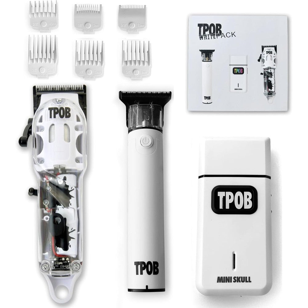 TPOB Slime 2 Professional Hair Clippers White Pack front view showcasing the clear see-through body and carbon blade.