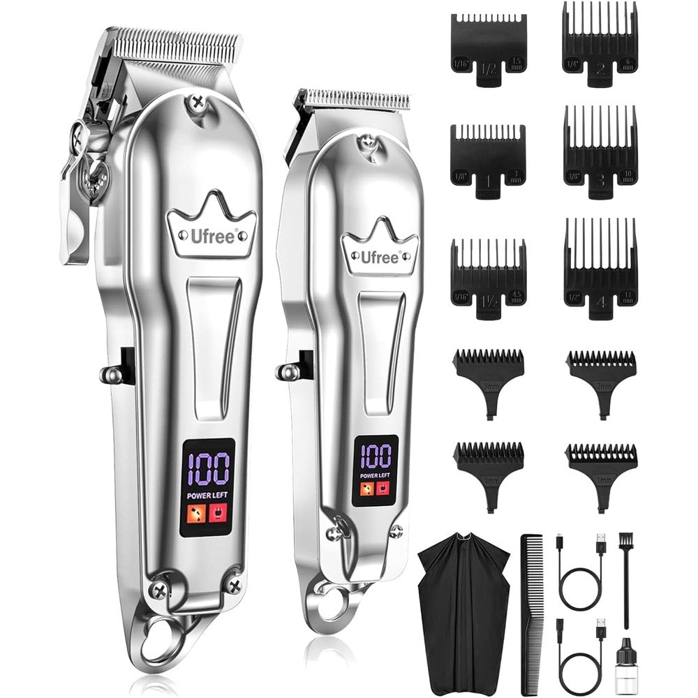 Ufree Professional Cordless Hair Clippers front view showing silver metal housing and digital LED battery display screen.
