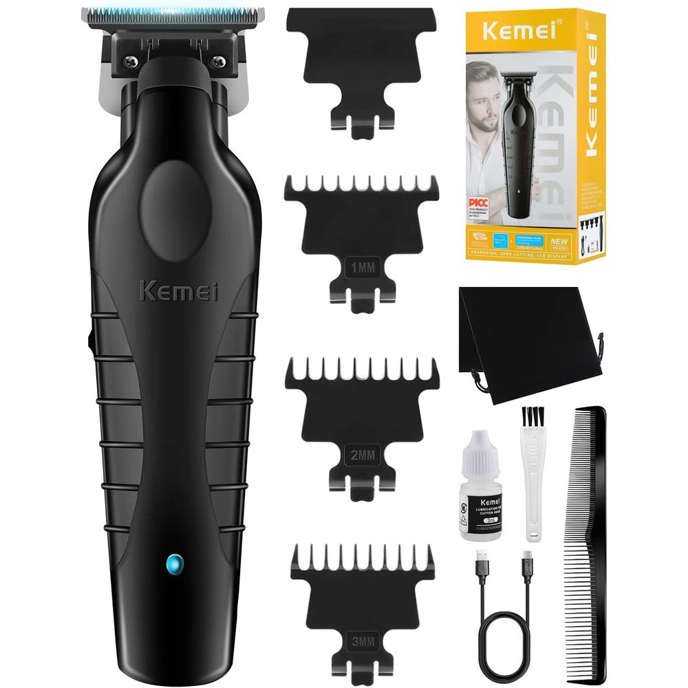 Kemei Original 2299 Trimmer Professional Cordless Hair Clipper front view showcasing black matte finish and zero gapped T blade