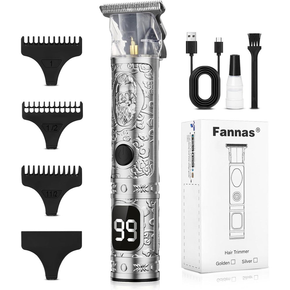 Fannas professional hair clippers for men front view showing metallic silver body