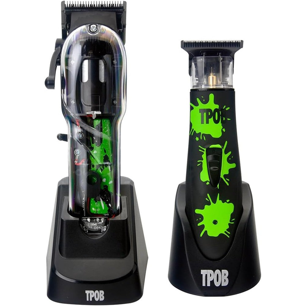 TPOB Clipper and Trimmer Box Set Black SPLATT Pack front view showing professional hair styling tools.