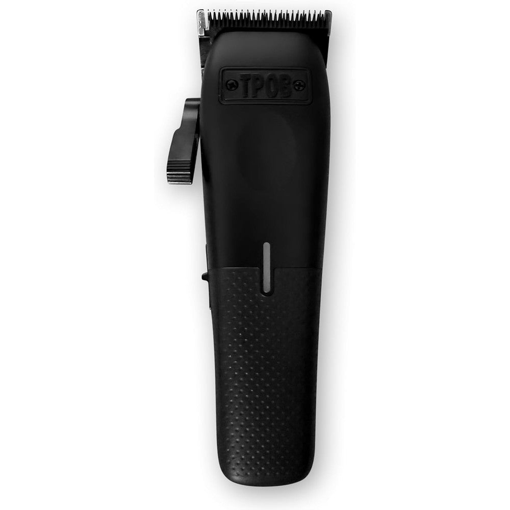 TPOB Mini Play Professional Hair Clippers front view showing the compact black body and premium XO blade.