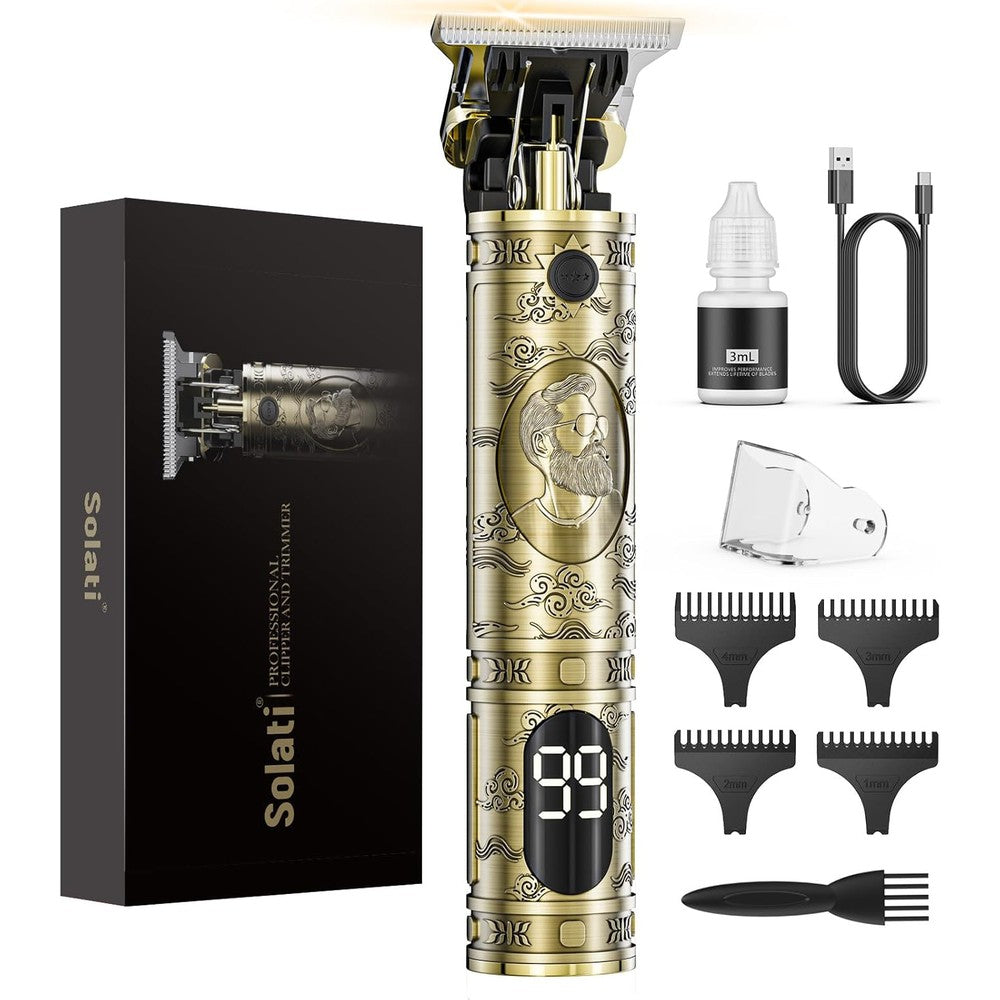 Solati cordless hair clipper front view showcasing gold engraved design and LCD screen