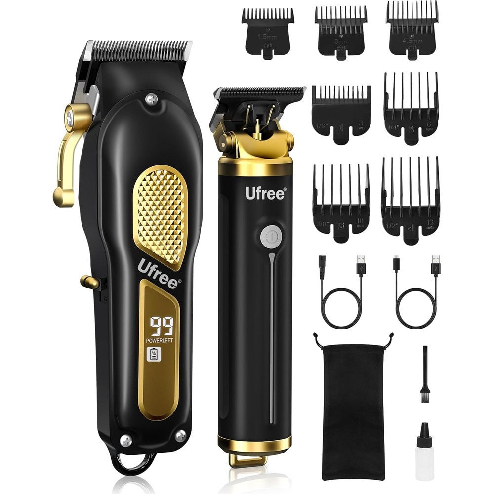 Ufree professional cordless hair clippers and trimmers set front view showing premium black and gold design
