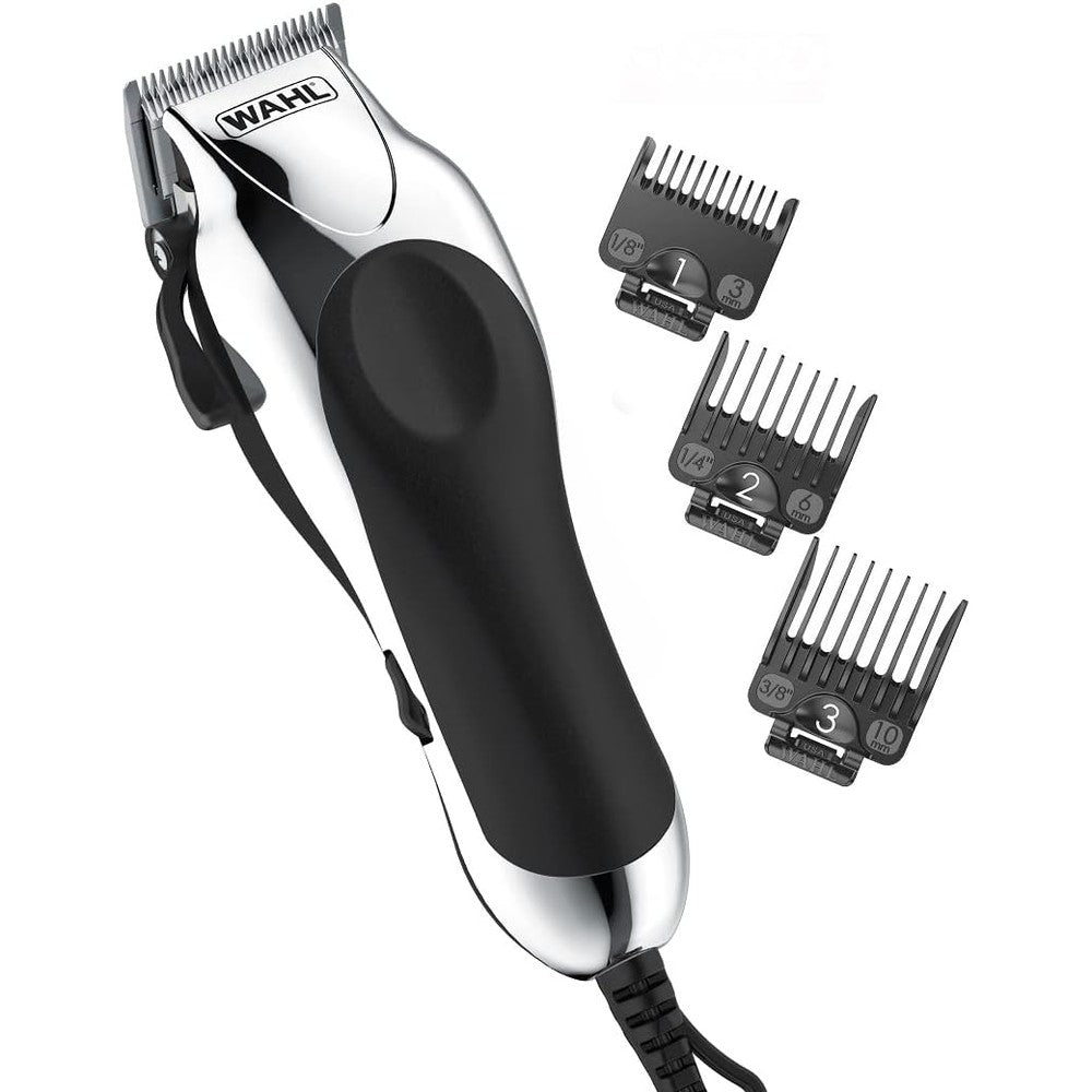 Wahl Chrome Pro corded clipper kit front view showing the premium chrome finish grooming tool