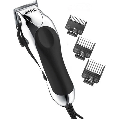 Wahl Chrome Pro corded clipper kit front view showing the premium chrome finish grooming tool