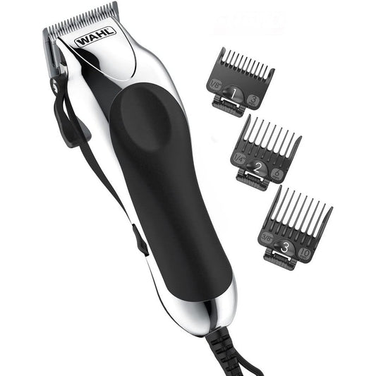 Wahl Chrome Pro corded clipper kit front view showing the premium chrome finish grooming tool
