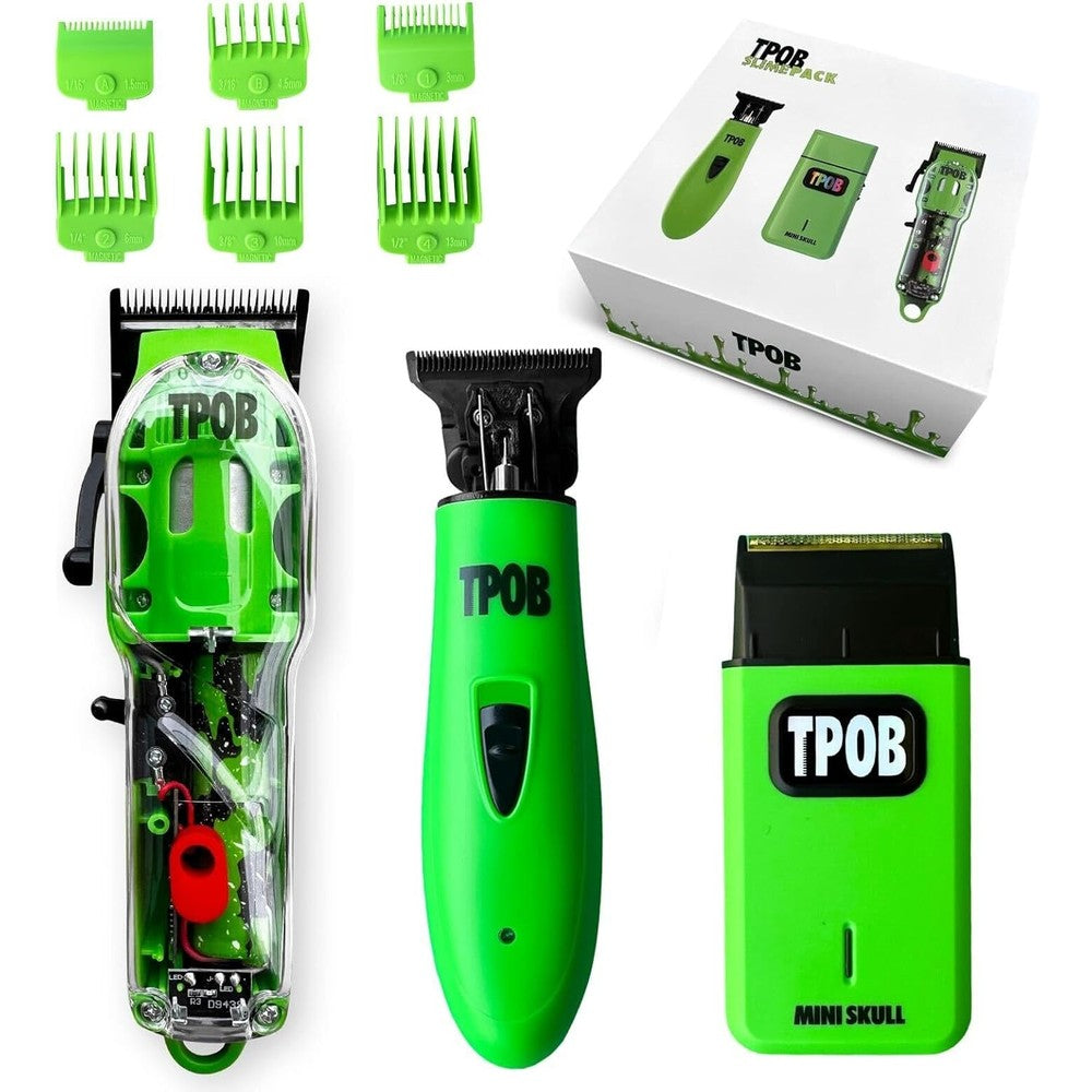 TPOB Slime 2 Barber Hair Clippers set front view showcasing the matte green housing and premium blades.