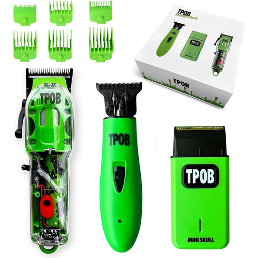 TPOB Slime 2 Barber Hair Clippers set front view showcasing the matte green housing and premium blades.