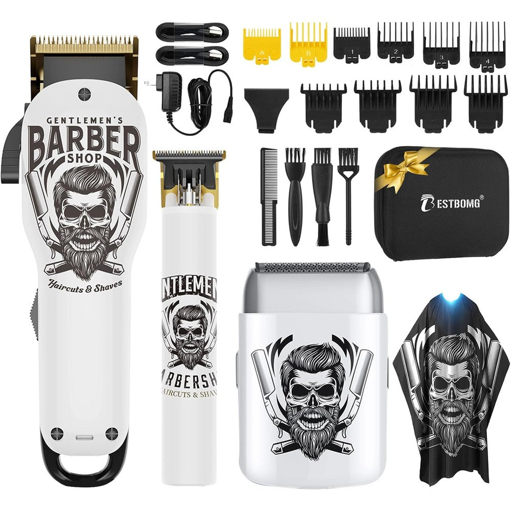 BESTBOMG Professional Hair Clippers front view showing the white body with a Gentlemen Barber Shop graphic.