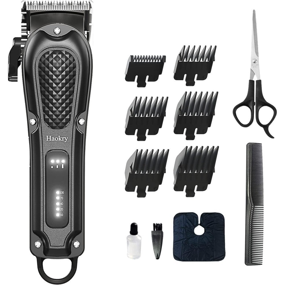 Haokry professional hair clippers front view showing the black textured grip and premium styling blades.