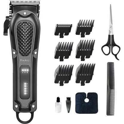 Haokry professional hair clippers front view showing the black textured grip and premium styling blades.