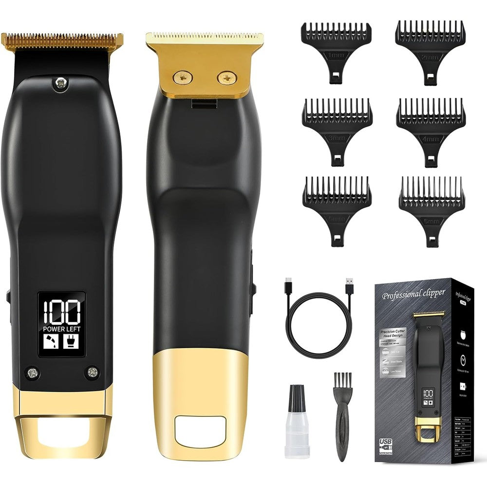 Elehomyou beard trimmer for men front view showing sleek black and gold design with digital LCD display screen.