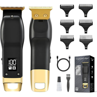 Elehomyou beard trimmer for men front view showing sleek black and gold design with digital LCD display screen.
