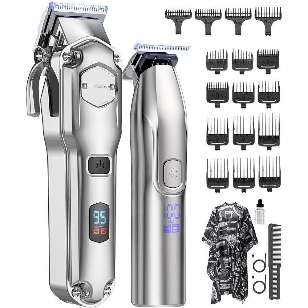 Jack And Rose Cordless Hair Clippers And Trimmers Set front view showcasing the metallic silver professional grooming devices
