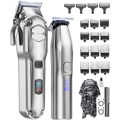 Jack And Rose Cordless Hair Clippers And Trimmers Set front view showcasing the metallic silver professional grooming devices