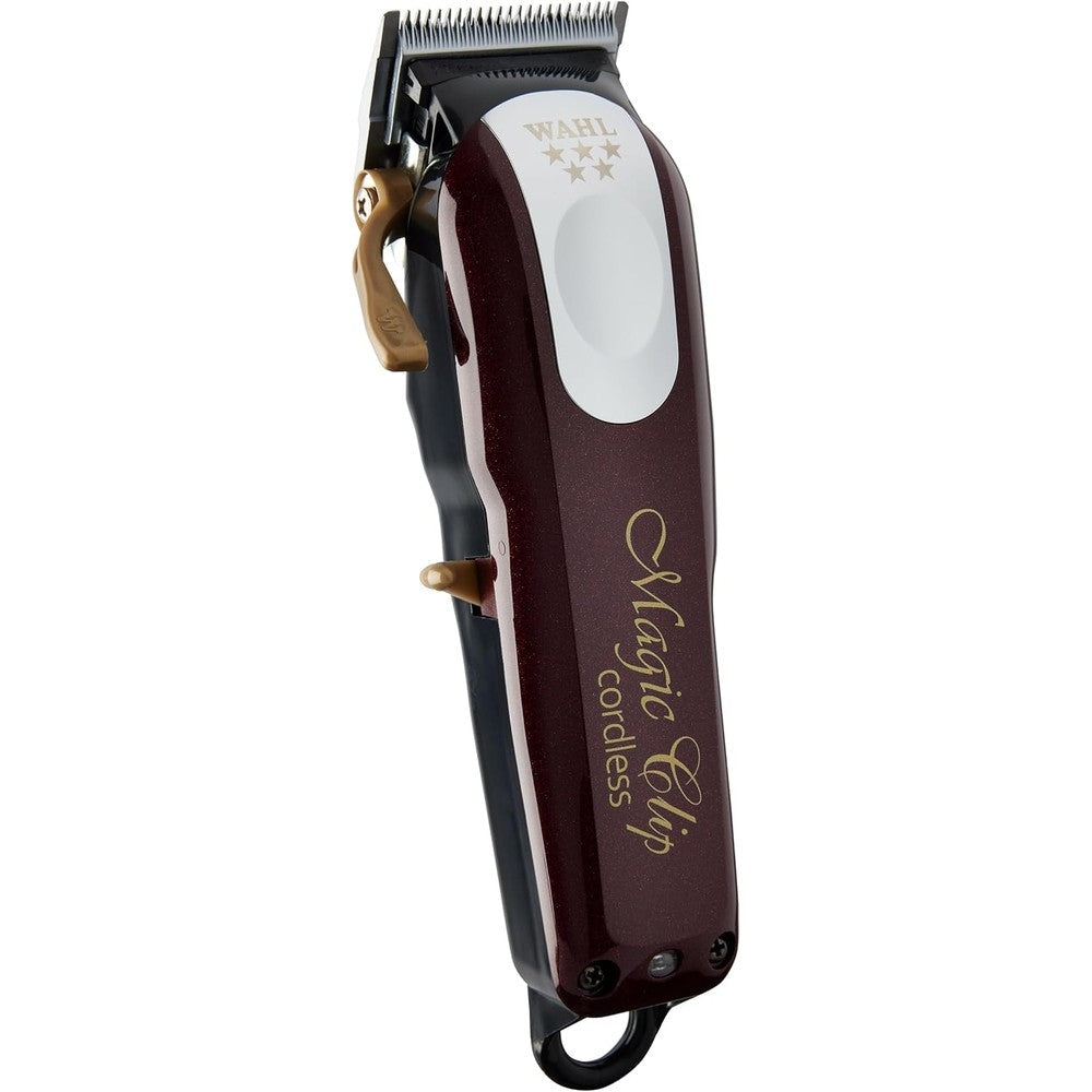 Wahl Professional 5 Star Magic Clip Cordless Hair Clipper front view showcasing maroon casing and gold taper lever