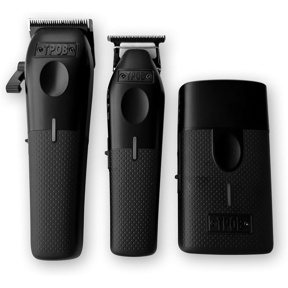TPOB Play Barber Hair Clippers front view showcasing the matte black finish and professional triple grooming set layout.
