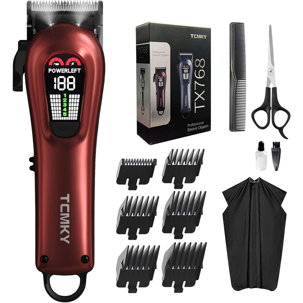 TCMKY professional hair clippers for men front view showing red metallic body and digital battery screen