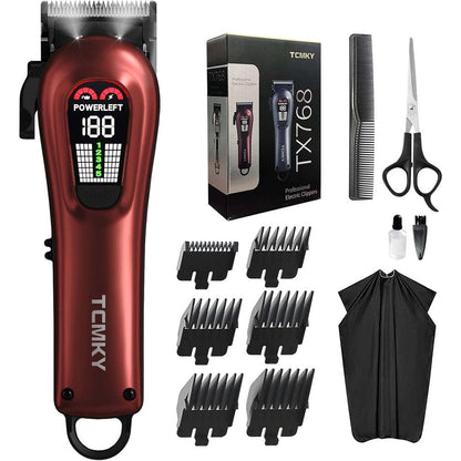 TCMKY professional hair clippers for men front view showing red metallic body and digital battery screen