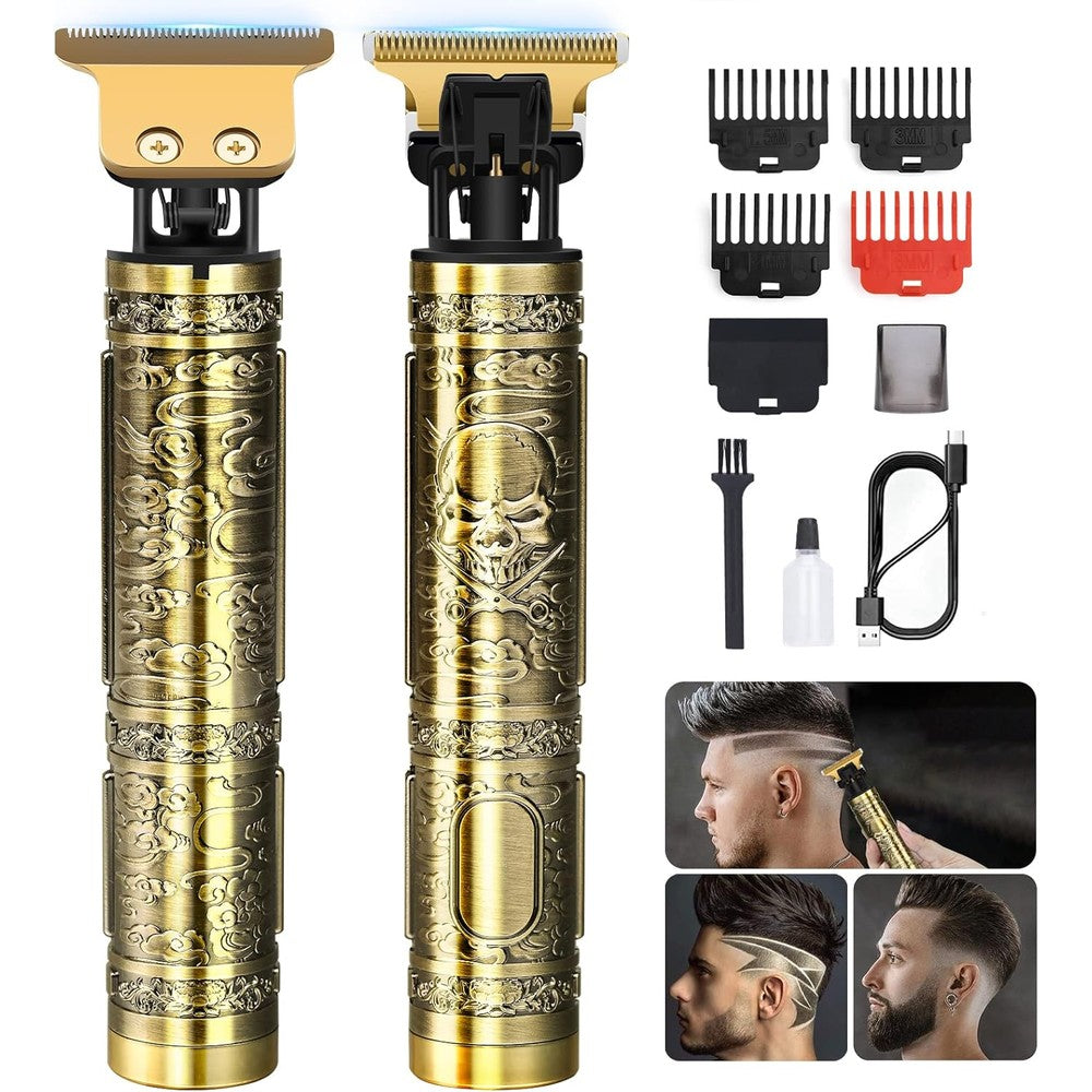 YOGINGO professional hair trimmer front view showing engraved bronze metal body design.