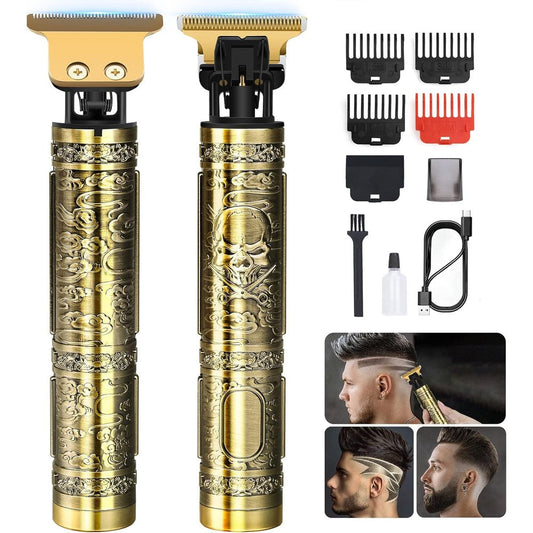 YOGINGO professional hair trimmer front view showing engraved bronze metal body design.
