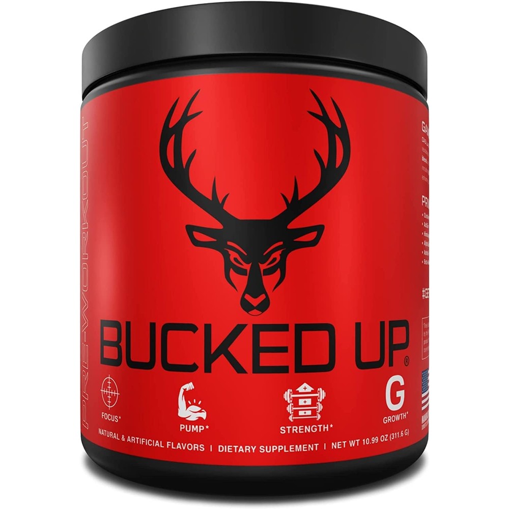 Bucked Up Pre Workout Grape 30 Servings front tub view for muscle gain.