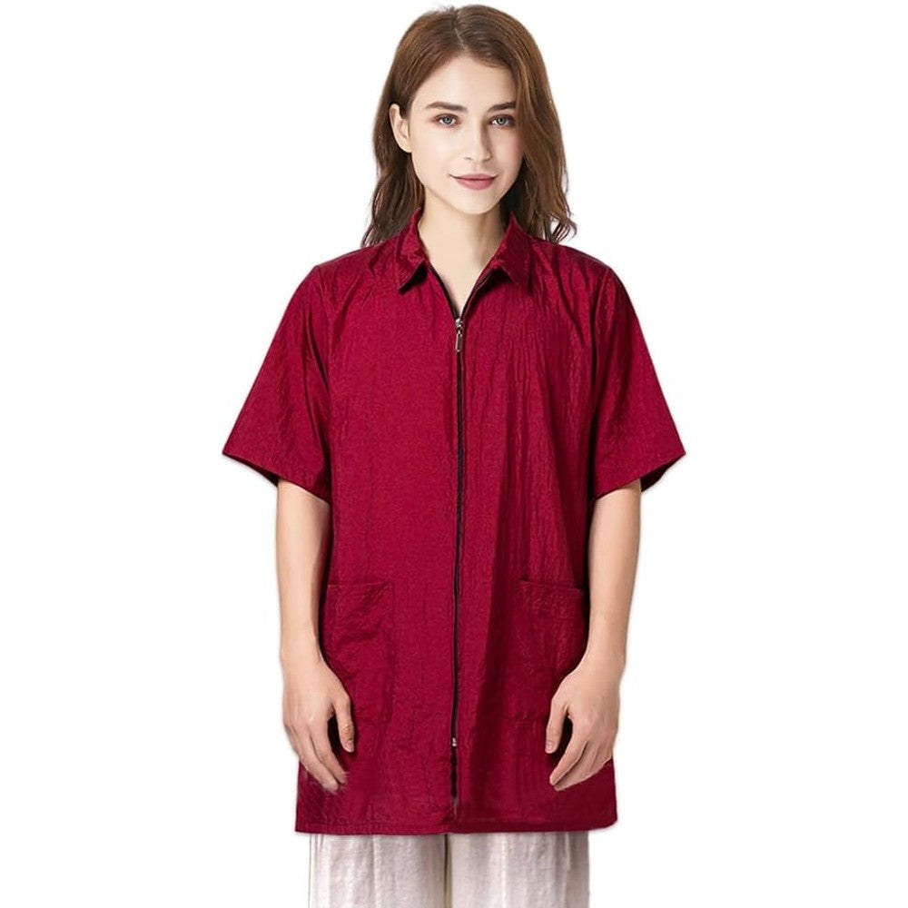 TOPTIE Nylon Salon Hairstylist Smock front view showcasing red color and front zipper closure