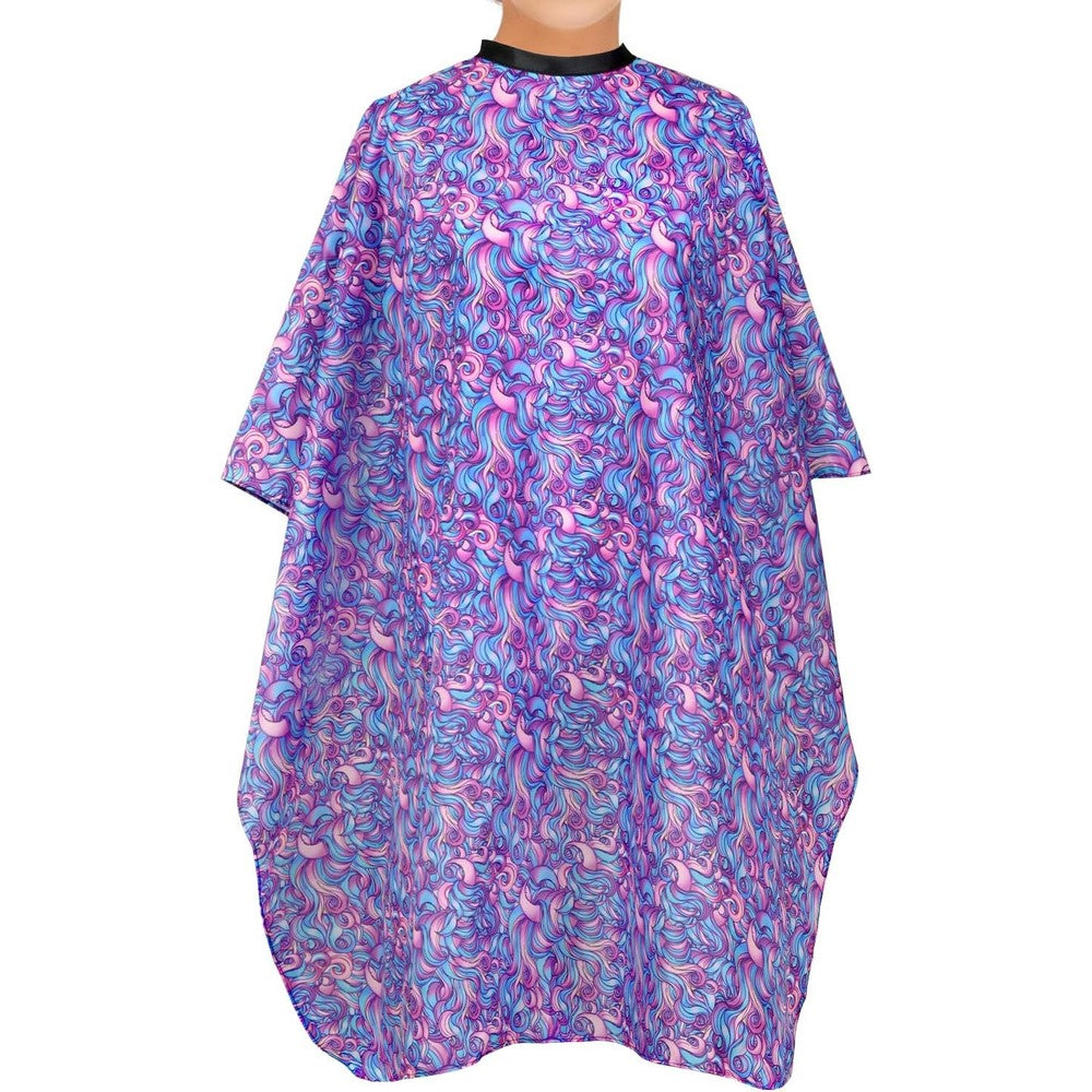 Plum Hill hair salon cape front view showing the pink and purple swirls pattern
