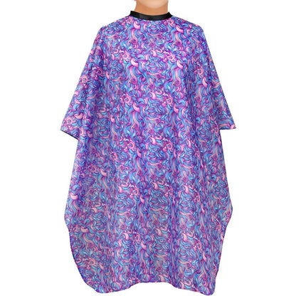 Plum Hill hair salon cape front view showing the pink and purple swirls pattern