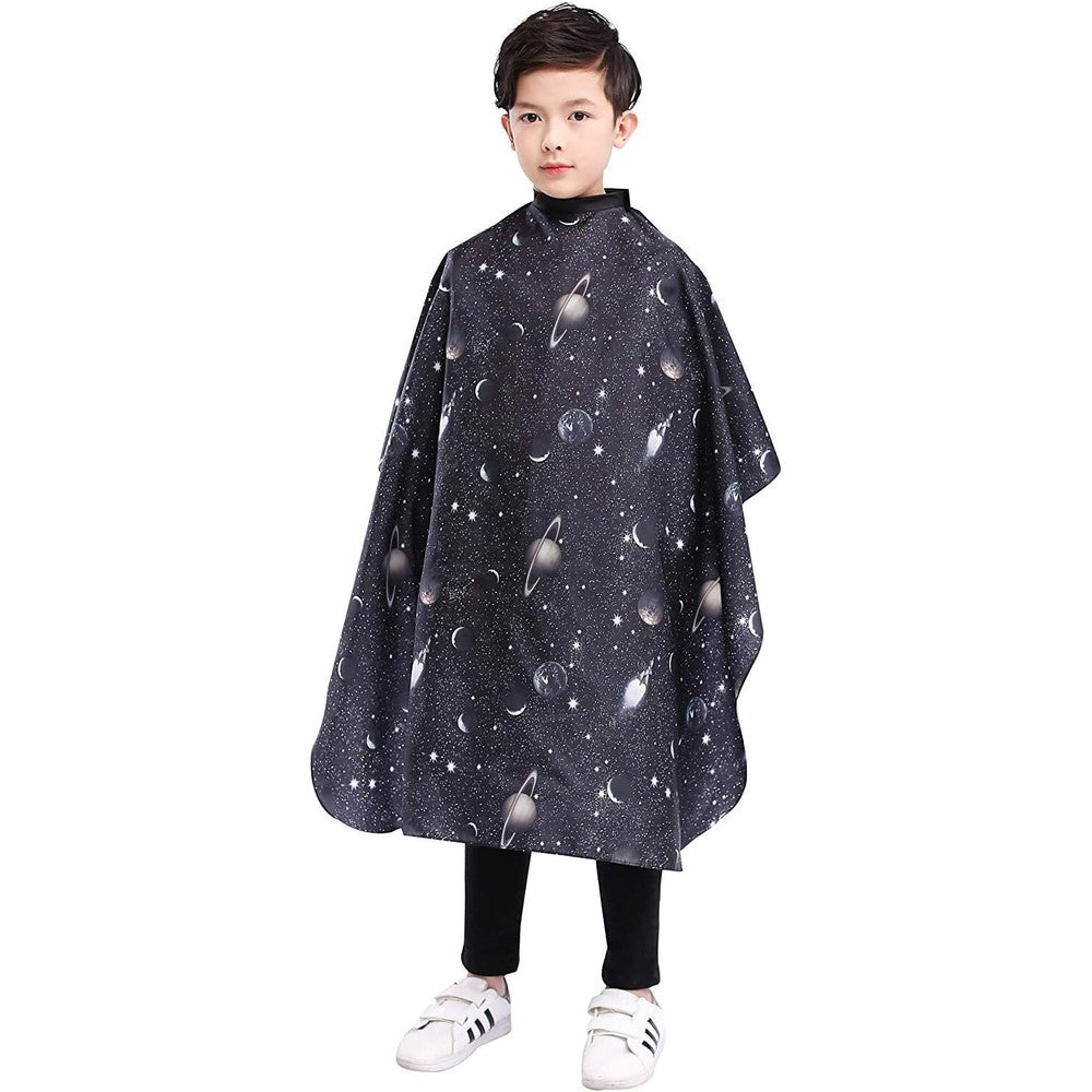 PERFEHAIR kids haircut barber cape front view featuring black space print for children grooming