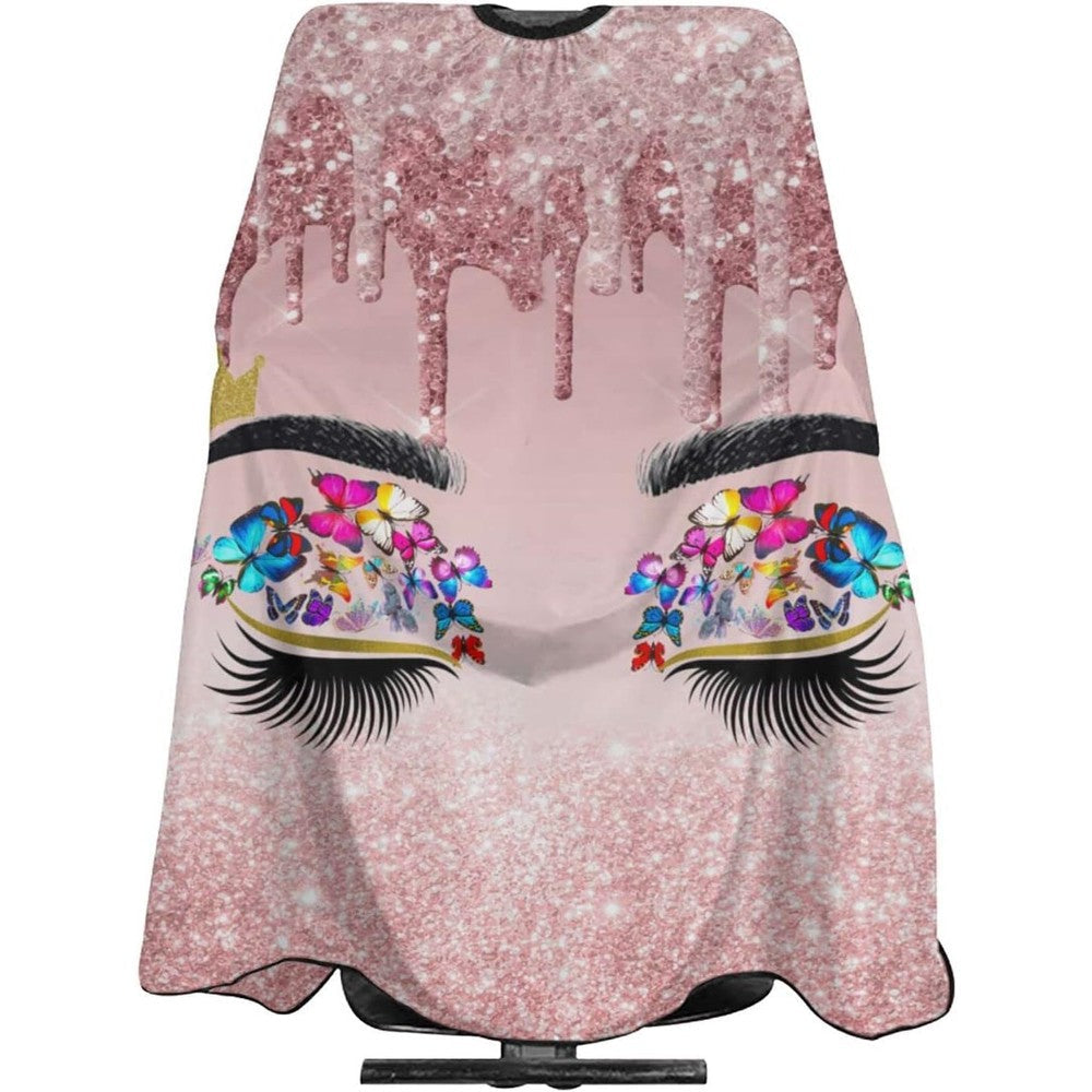 Carwayii barber cape eyelash pink salon apron front view showing glitter graphic