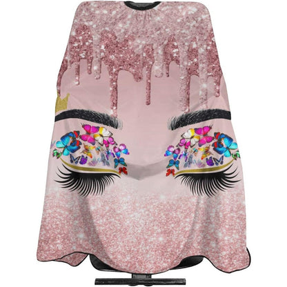 Carwayii barber cape eyelash pink salon apron front view showing glitter graphic
