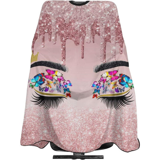 Carwayii barber cape eyelash pink salon apron front view showing glitter graphic