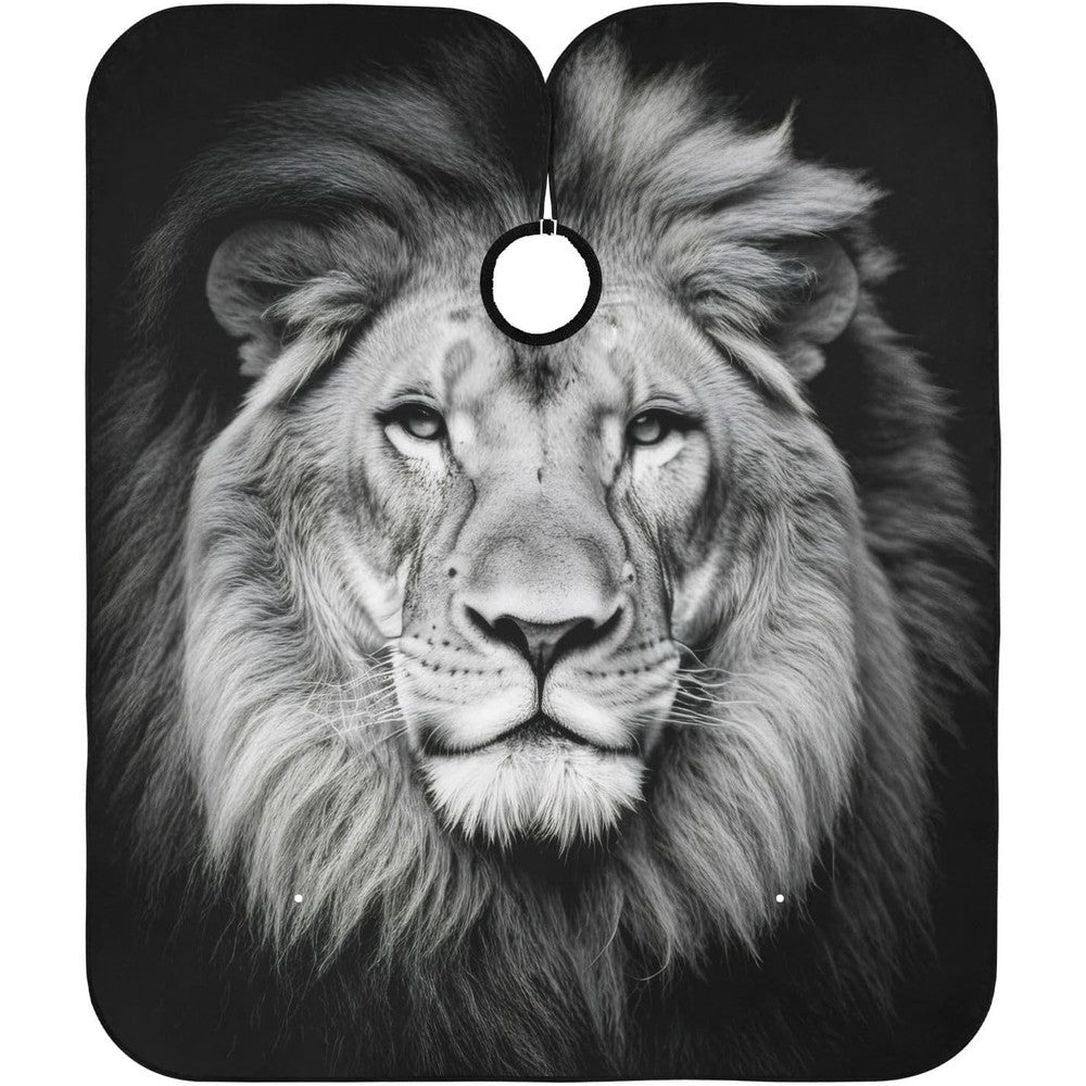 Blueangle African Lion Portrait Barber Styling Cape front view displaying the black and white 3D lion graphic design