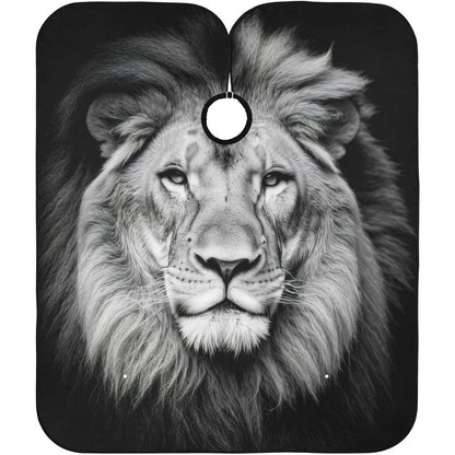 Blueangle African Lion Portrait Barber Styling Cape front view displaying the black and white 3D lion graphic design
