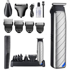 Omicarry cordless hair and beard trimmer front view showcasing the metallic silver and black body.