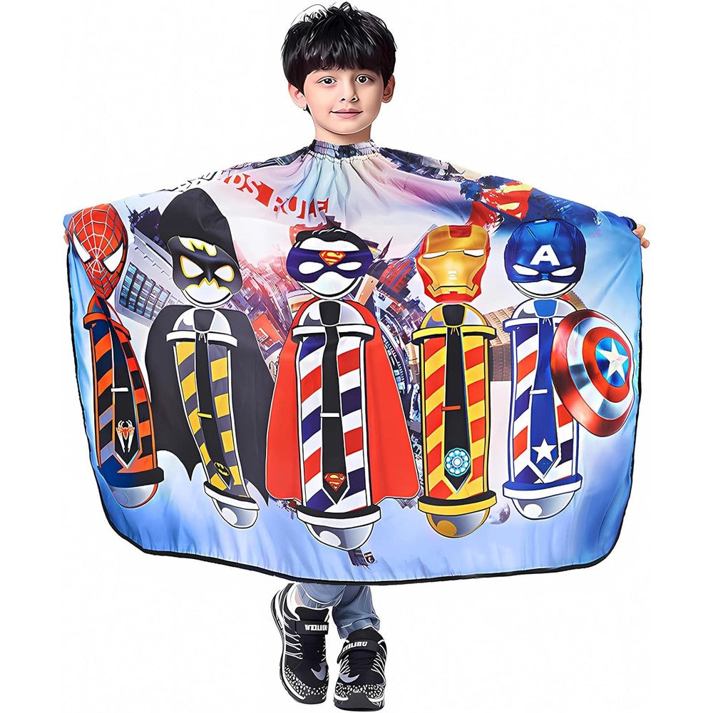LEONAL kids barber cape front view showing the vintage cartoon pattern for professional salon styling.