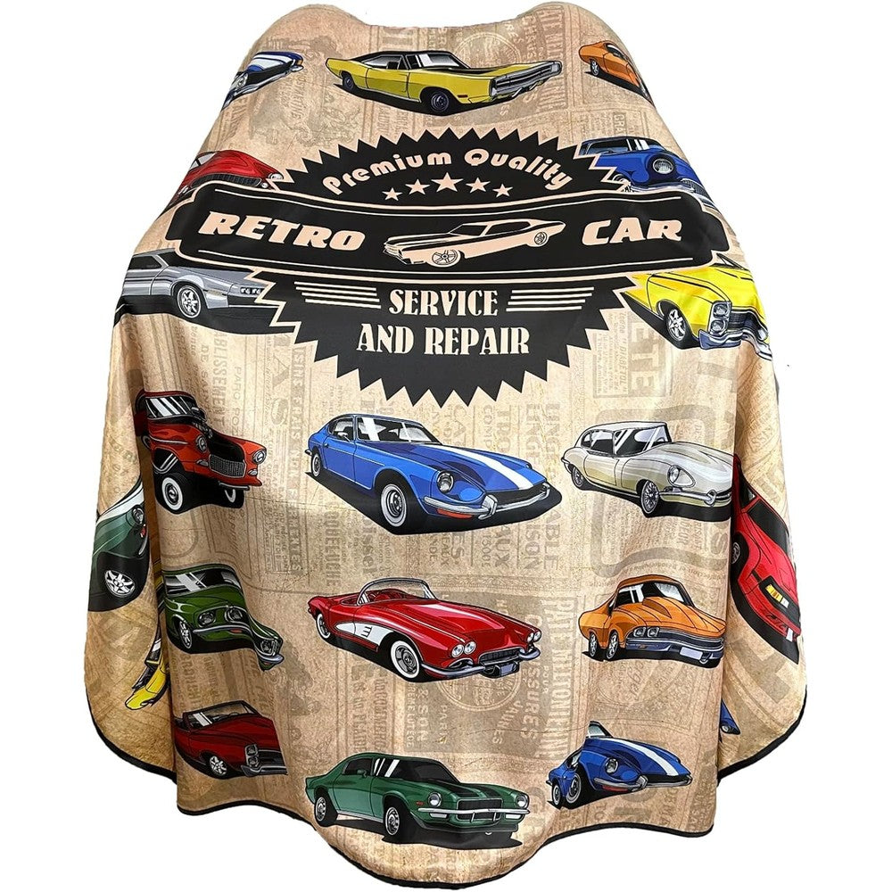 Barbohoo Vintage Cars Barber Cape front view professional salon hair cutting gown