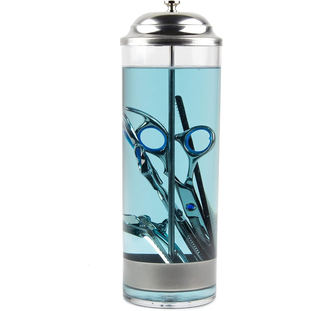 Salon Supply Co Acrylic Disinfectant Jar front view containing barber tools