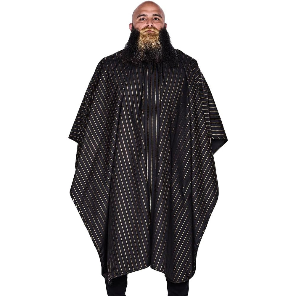 Barber Strong The Barber Cape Gold Pinstripe front view professional salon apparel
