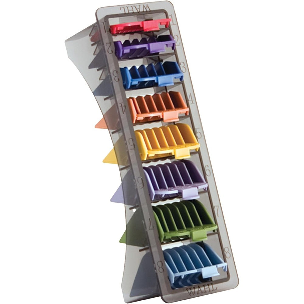Wahl Professional color coded cutting guides set front view displaying eight colorful clipper guard attachments arranged neatly inside a clear storage organizer tray.