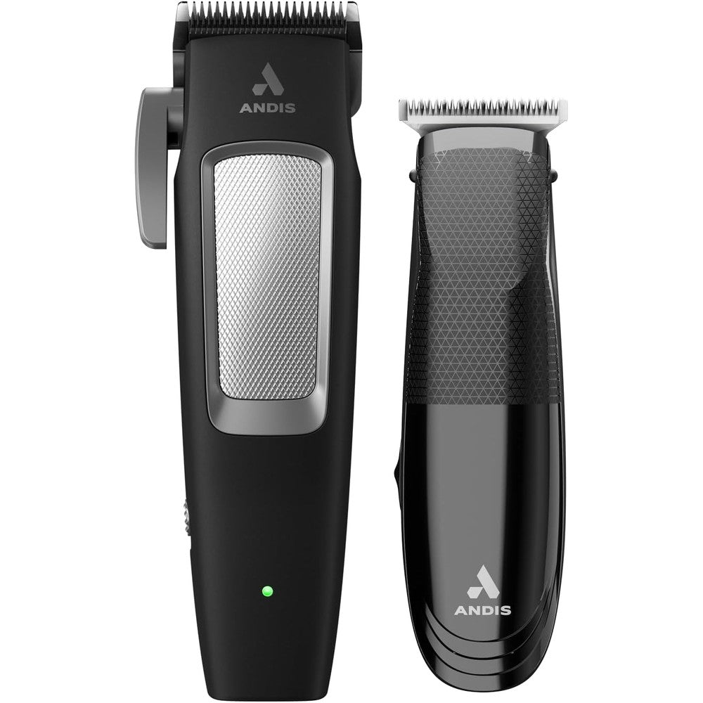 Andis Incred Cordless Hair Clipper and Trimmer Combo Set front view showcasing the black dual-tool kit