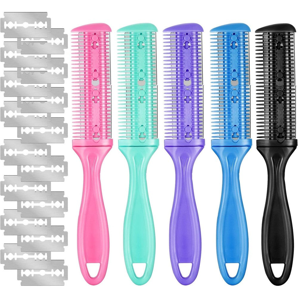Boao 5-piece dual-sided hair cutting razor comb set front view showing five distinct colors